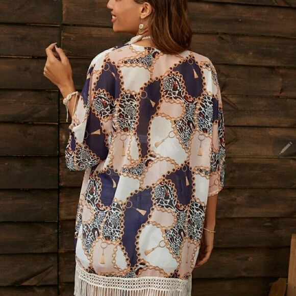 Chain Print Fringe Hem Kimono - Picture 4 of 10